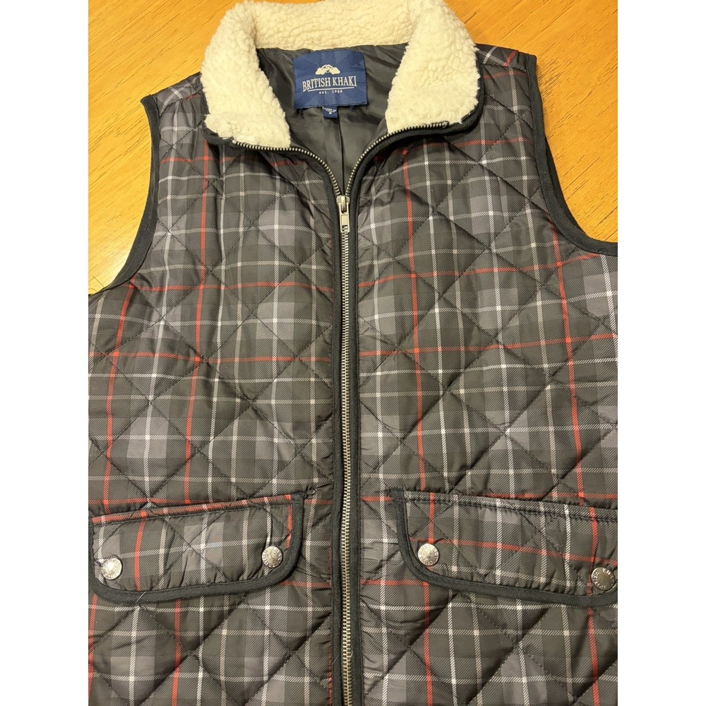British Khaki Quilted Plaid Vest Sherpa Collar Black Gray Red Women Small